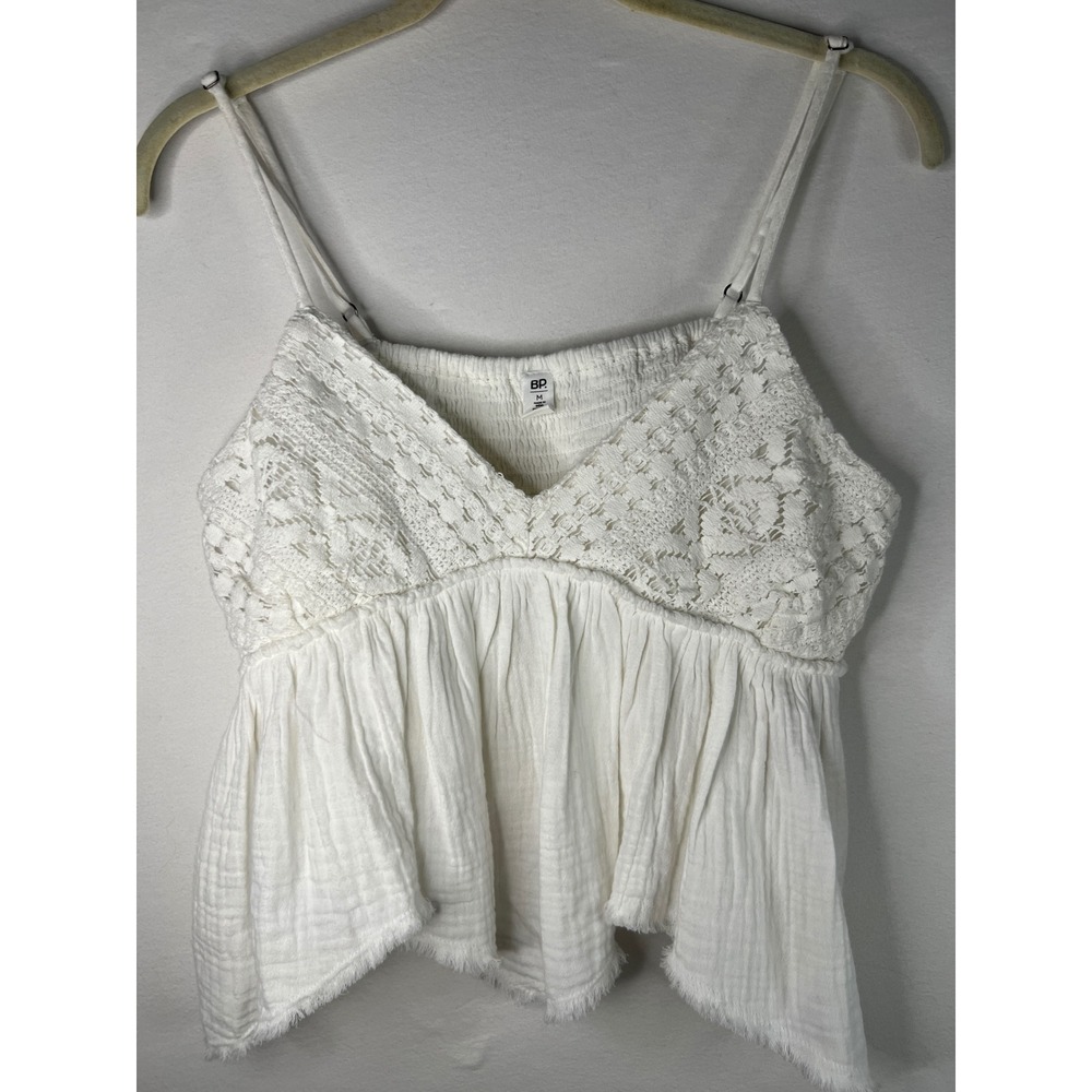 BP. Cami Tank Top Womens M White Excellent Lace Trim Gauze Peplum Raw Hem Boho